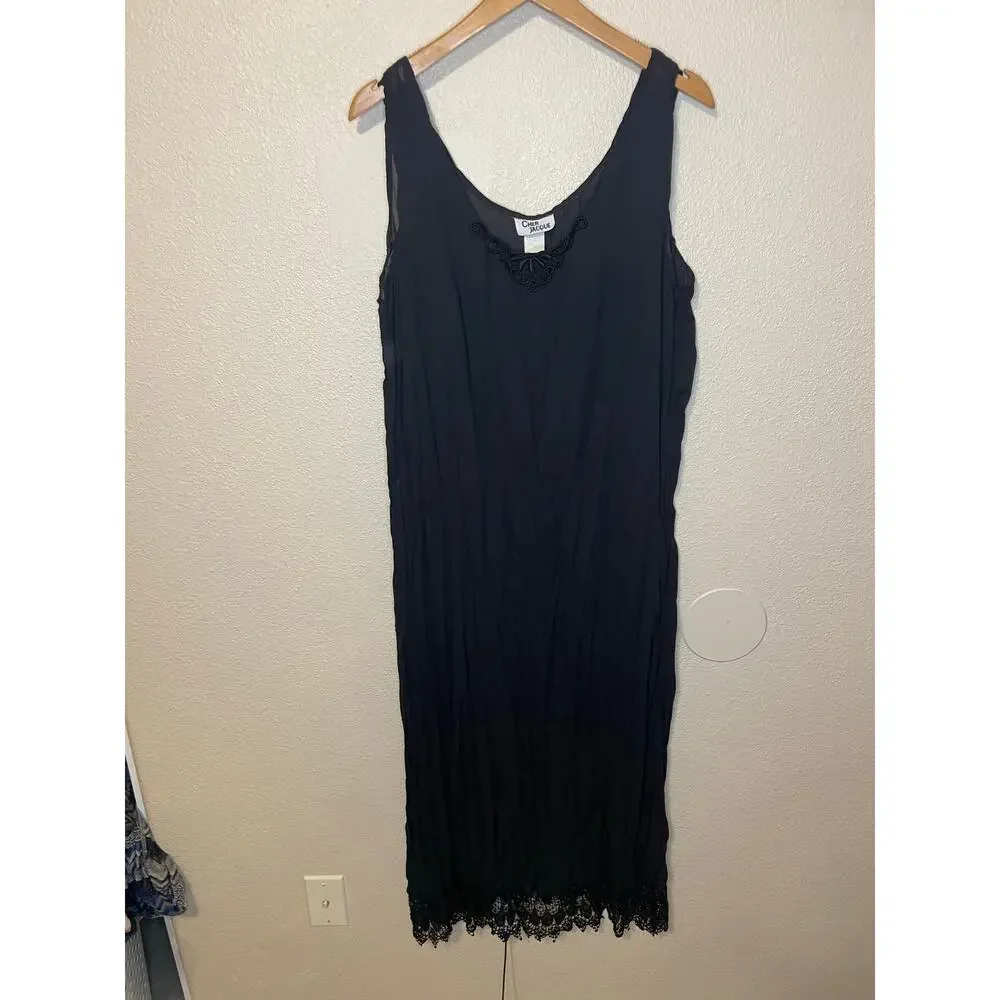 VTG Cher Jacque Y2K Black Crinkle Lace Detailed Whimsy Goth Midi Slip Dress Lg - Picture 13 of 16